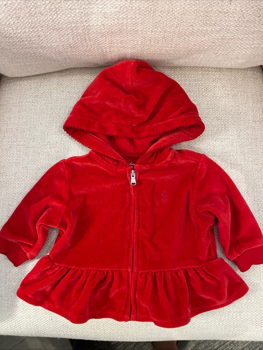 Ralph Lauren Red Velour Hooded Zip Peplum Sweatshirt